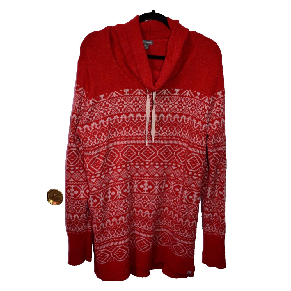 EDDIE BAUER Red Cowl Drawstring Neck Festive Winter Print Sweater | Women's TXL